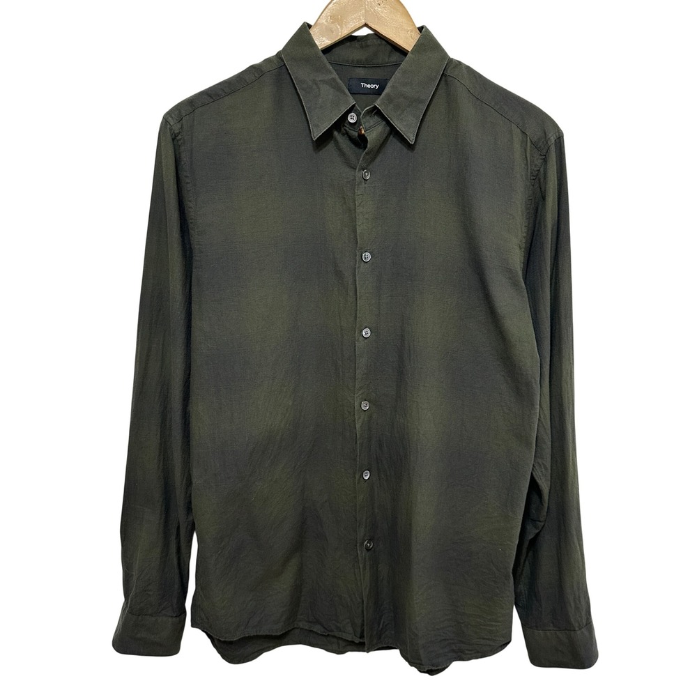 Theory Irving Check Button Down Shirt Mens Medium Olive Green Plaid Luxury
